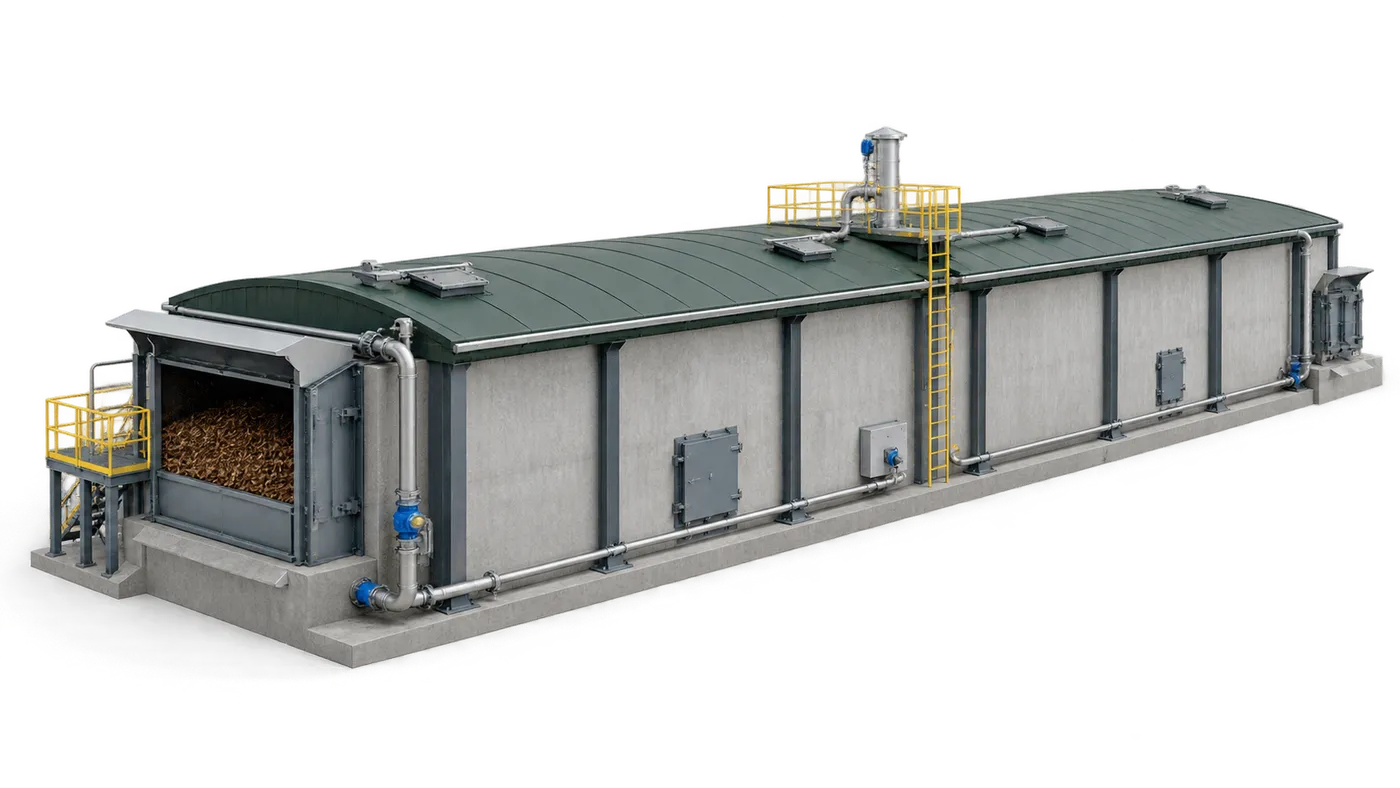 Garage-type dry digester with a loading door showing stacked fibrous feedstock, biogas outlet and access ladder