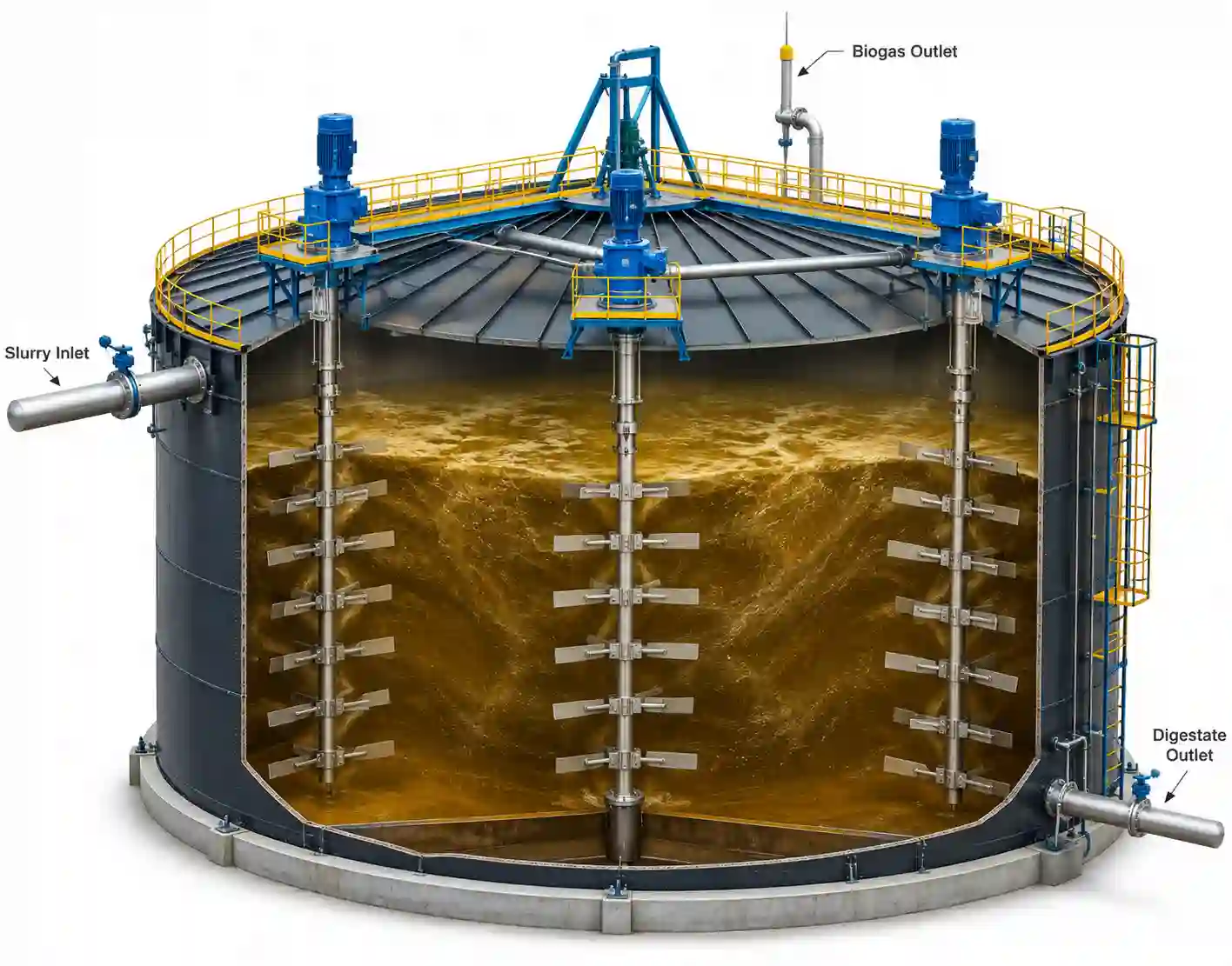 CSTR digester tank cutaway showing central and lateral agitators, slurry inlet, biogas outlet and digestate outlet