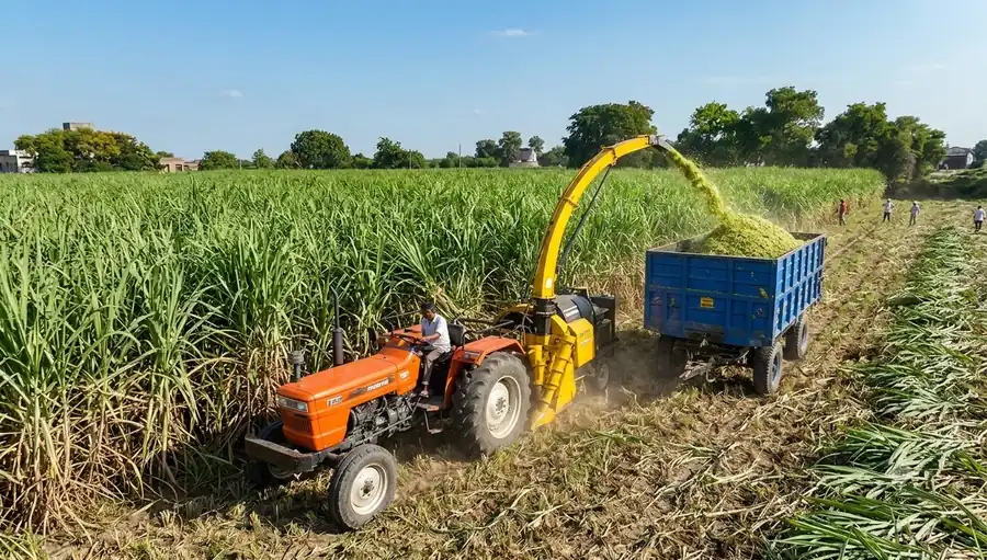 Napier grass harvesting with a forage harvester loading a trailer